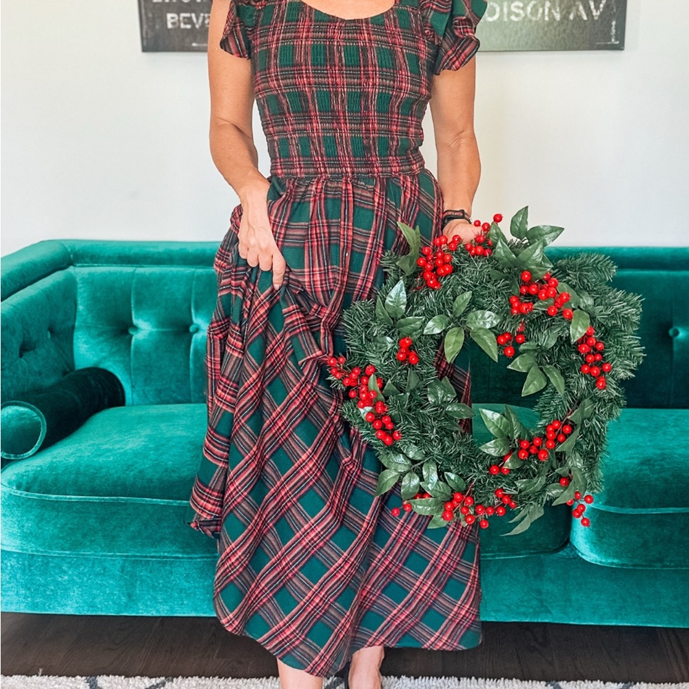 Ivy City Co Green and Red Plaid Midi Dress